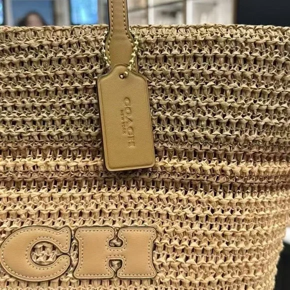 NWT COACH Straw and smooth leather City Tote Bag CBG87 Im/Honey Brown Multi - Picture 4 of 6